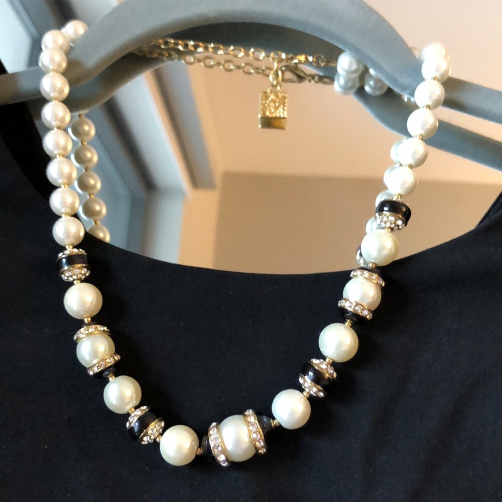 Anne Klein pearl necklace with black enamel and pave details